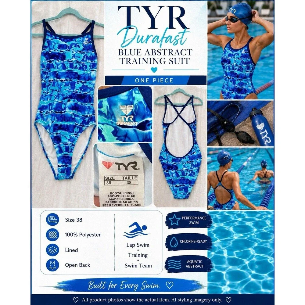 TYR Durafast Size 38 Blue Abstract Open Back Swimsuit Lap Training Competition